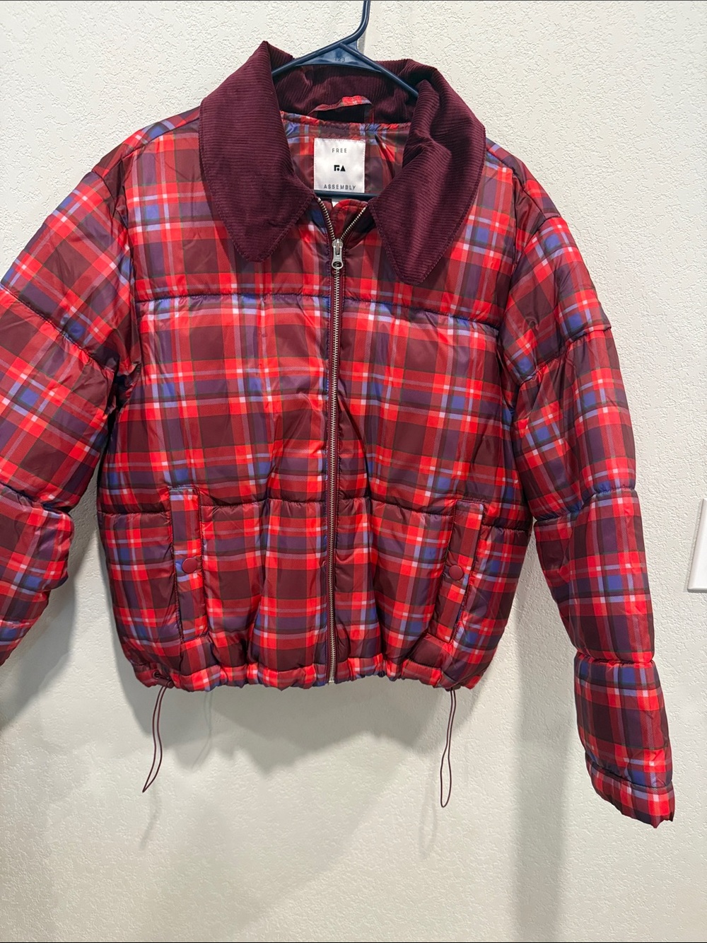 Free Assembly Plaid Red Puffer Jacket with Corduroy Collar